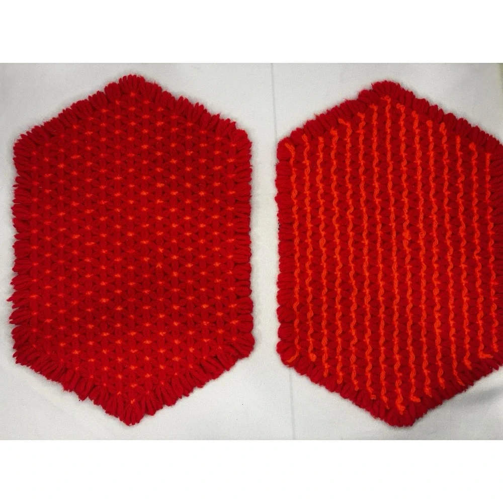 Vintage Set 2 Crochet‎ Placemat Doilies Red Orange Flowers/Stripes Handmade